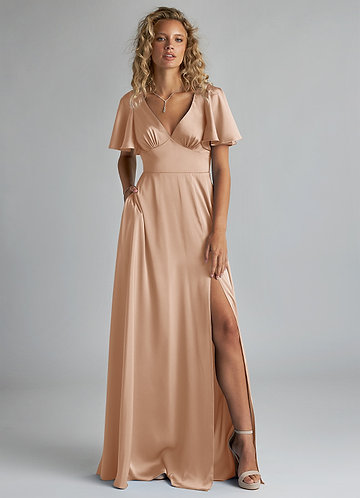 Azazie Kimber Bridesmaid Dresses English Rose A-Line Ruched Stretch Satin Dress image1