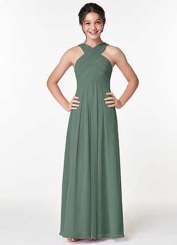 Azazie Kaleigh Junior Vestido Eucalipto de Chiffon de Linha A com Plissado image1