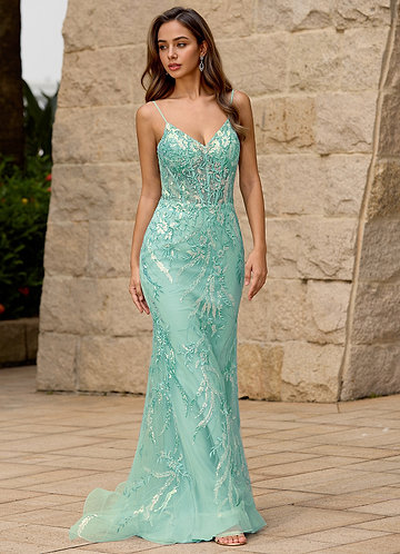 Glitter Green Floor-Length Prom Dress image1