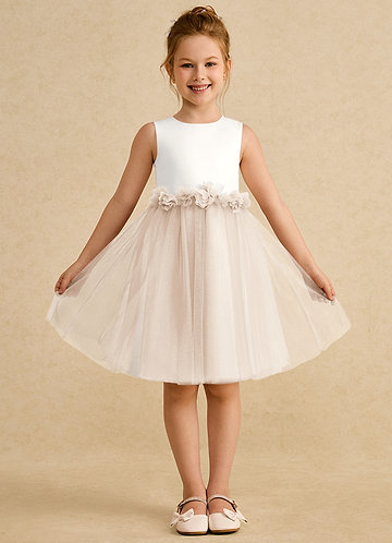 Azazie Louisa Abiti da Ragazza di Fiori Abito A-Line in Tulle Senza Maniche Alabastro Avorio Bianco image1