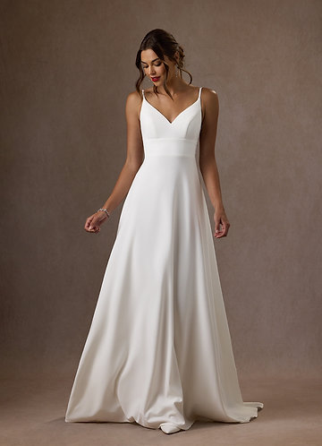 Azazie Xena Vestidos de Novia Vestido de Diamante Blanco de Crepé elástico de Corte en A con Lentejuelas cuello pico image1