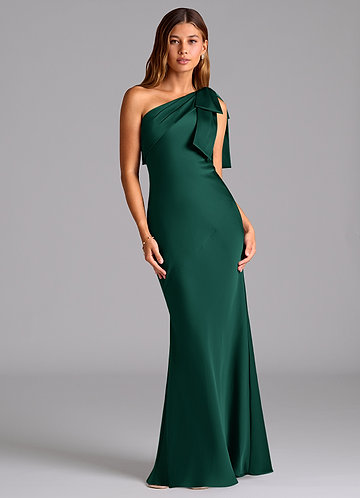 Azazie Yuanna Bridesmaid Dresses Emerald Mermaid One Shoulder Stretch Satin Dress image1
