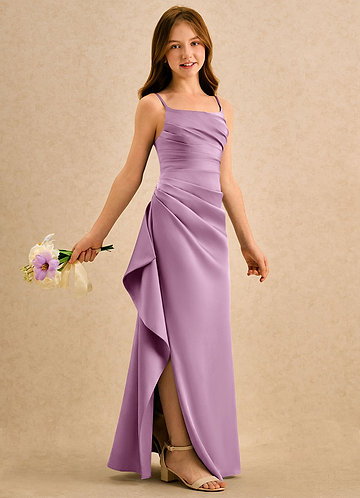Azazie Cannoli Girls Formal Robes de Fillette d'Honneur Robe Trapèze en Satin extensible Plissée Glycine image1