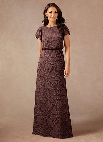 Azazie Lehi Mother of the Brides Dresses Espresso A-Line Boatneck Floral Burnout Dress image1
