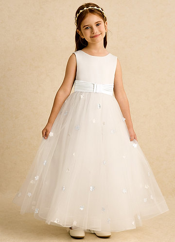 Azazie Cricket Flower Girl Dresses Ivory Ball-Gown Pleated Matte Satin Dress image1