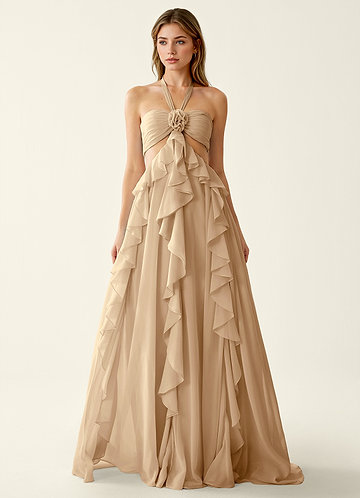 Gelsomina Champagne Abito da ballo a trapezio in chiffon con fiori 3D e volant image1