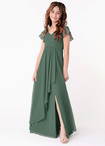 Azazie Omari Junior Eucalyptus A-Line Ruched Chiffon Dress image1