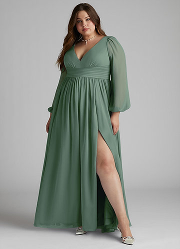 Azazie Norah Bridesmaid Dresses Eucalyptus A-Line V-Neck Long Sleeve Chiffon Dress image1