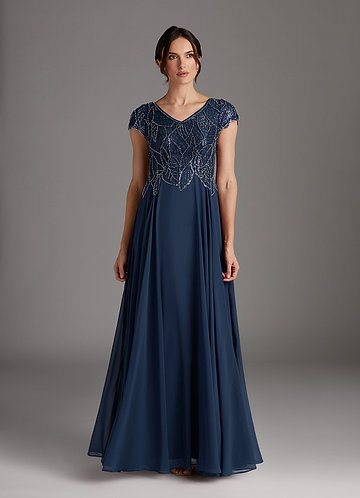 Azazie Eleanor Vestidos de Madre de la Novia Vestido de Azul Marino Oscuro de Gasa de Corte En A con Lentejuela image1