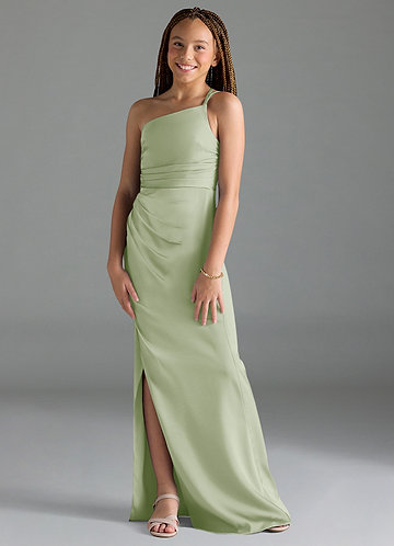 Azazie Eren Junior Robe Fourreau en Satin extensible Plissée Vert Sauge image1