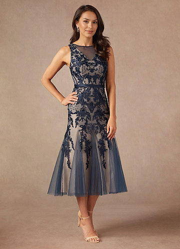 Azazie Herrin Mother of the Brides Dresses Dark Navy Champagne Mermaid Lace Dress image1