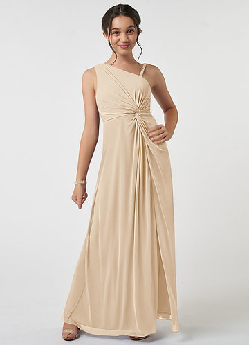 Azazie Brooke Junior Champagne A-Line Pleated Mesh Dress image1