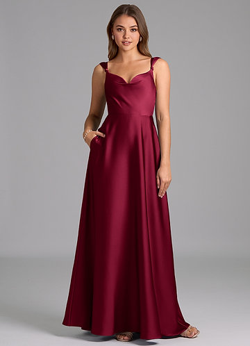 Azazie Beatrice Bridesmaid Dresses Vestido Borgonha de Cetim elástico de Linha A com Decote em coração image1