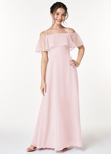 Azazie Maggie Junior Blushing Pink A-Line Off the Shoulder Chiffon Dress image1