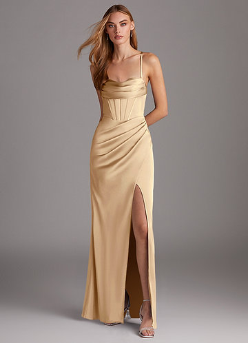 Azazie Brookelle Robes Demoiselle d'honneur Robe Fourreau en Satin extensible Corset en cœur Champagne image1