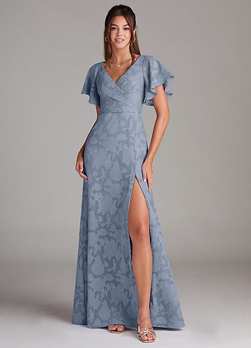 Azazie Ambrosia Bridesmaid Dresses Dusty Blue A-Line Pleated Floral Burnout Dress image1