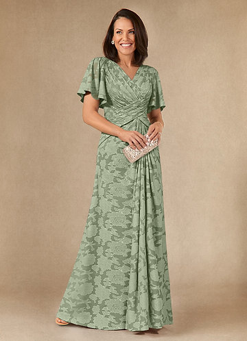Azazie Emmeline Mother of the Brides Dresses Dusty Sage A-Line Pleated Floral Burnout Dress image1