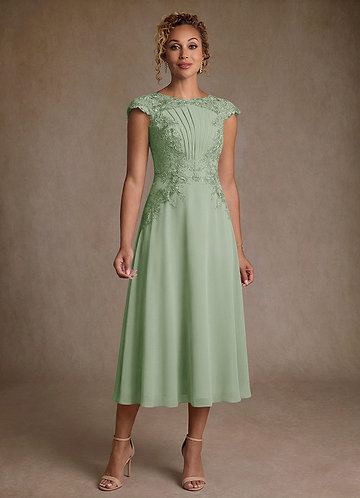 Azazie Crista Mother of the Bride Dresses Vestido Dusty Sage de Chiffon de Linha A com Renda image1