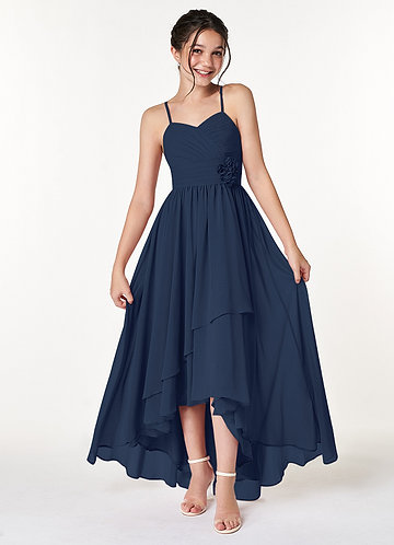 Azazie Catalina Junior Robe Trapèze en Mousseline de soie Rayé Bleu Marine Foncé image1