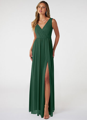 Azazie Tanicia Bridesmaid Dresses Dark Green A-Line V-Neck Pleated Mesh Dress image1