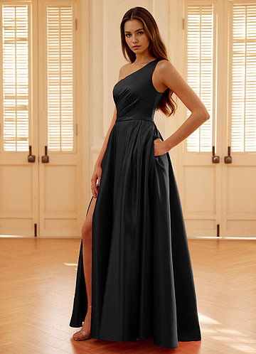 Millie Black One Shoulder A-line Satin Prom Dress image1