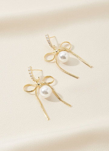 front Bow and Pearl Dangle Earrings