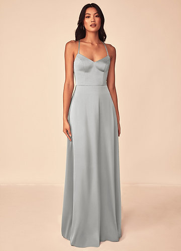 Azazie Mei Bridesmaid Dresses Vestido Prata de Cetim elástico de Linha A image1