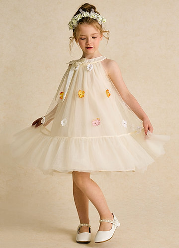 Azazie Lemon Flower Girl Dresses Champagne A-Line Bow Tulle Dress image1 0