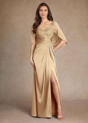 Azazie Hera Mother of the Brides Dresses Champagne A-Line Lace Stretch Satin Dress image1