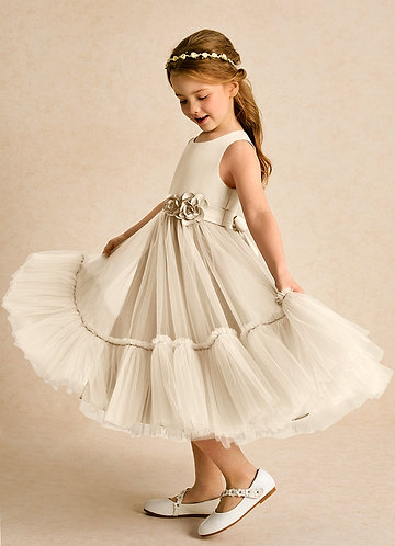 Azazie Miracle Flower Girl Dresses Champagne A-Line Bow Matte Satin Dress image1