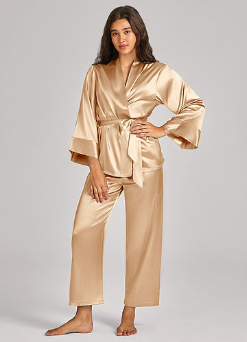 front Matching Color Satin Wrap Front Belted PJ Set