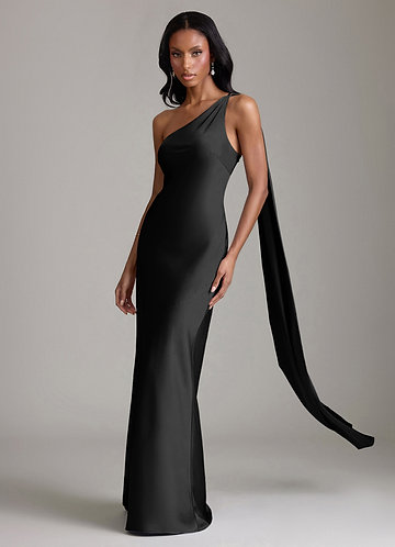 Azazie Juniper Bridesmaid Dresses Vestido Preto de Cetim elástico de sereia com Um ombro image1
