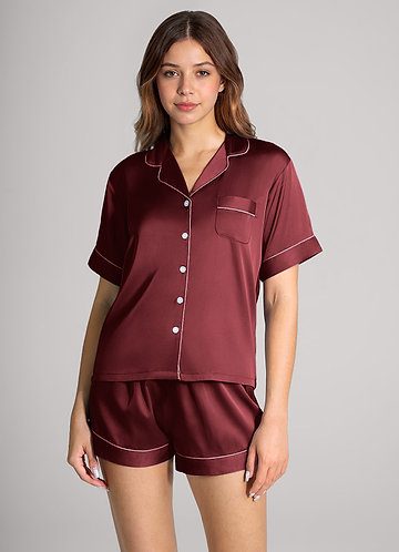 front Matching Color Satin Contrast Piping Pajama Set
