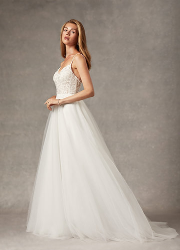 Azazie Tatiana Vestidos de Novia Vestido de Diamante Blanco de Tul de Corte en A con Lentejuelas cuello pico image1