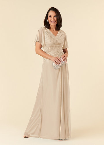 Azazie Emmeline Mother of the Bride Dresses Champagne A-Line V-Neck Pleated Mesh Dress image1