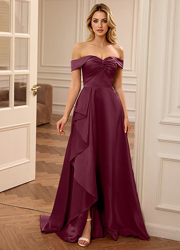 Juliedy Bourgogne Robe de bal en satin coupe trapèze épaules dénudées image1