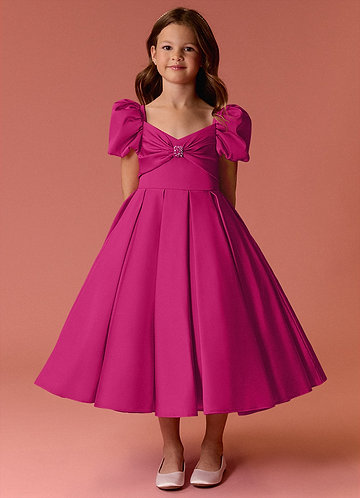 Barbie ♥ Azazie Flower Girl Dresses Puff Sleeve Bow Box Pleat Stretch Satin Dress image1 0