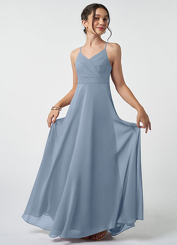 Azazie Avelina Junior Dusty Blue A-Line Pleated Chiffon Dress image1