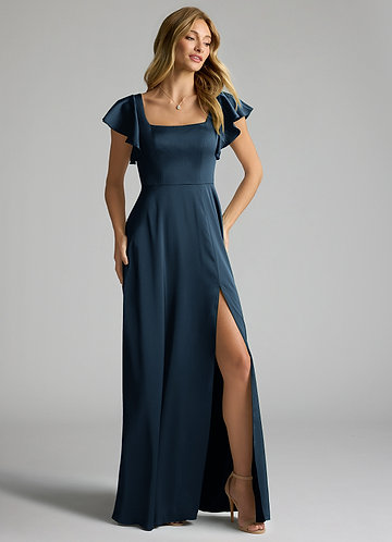 azazie navy bridesmaid dresses Blue & Gowns丨Azazie UK Color:WASHED-SEAFOAM and a side leg Collection:Office Jessica Faux Leather Strapless