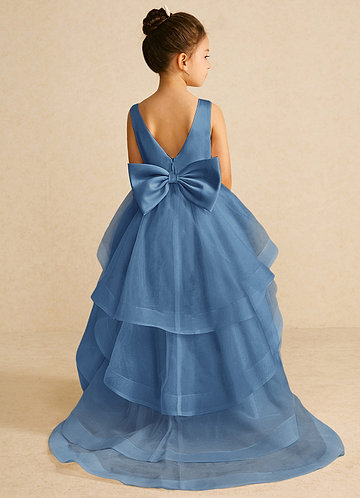 Azazie Pumpkin Flower Girl Dresses Steel Blue A-Line Bow Tulle Dress image1