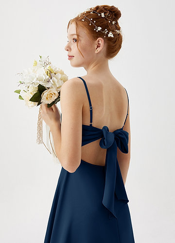 Azazie Shale Junior Dark Navy A-Line Stretch Satin Dress image1