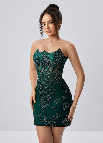 Yafrein Dark Green Rhinestone Sequins Tulle Placement Print Corset Mini Dress image1