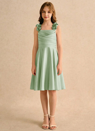 Azazie Resa Girls Formal Kukkaistyttöjen mekot A-linja Pliseerattu Matta satiini Polvipituinen Pukeutua image1