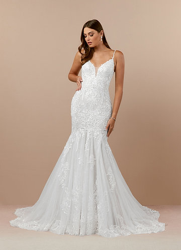 Azazie Camlynn Wedding Dresses Diamond White Mermaid V-Neck Sequins Tulle Dress image1