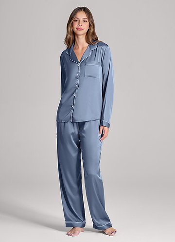 front Matching Color Long Sleeves and Pants Satin PJ Set