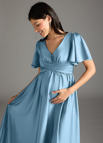 Azazie Verna Maternity Bridesmaid Dresses A-Line Ruched Stretch Satin Floor-Length Dress image1
