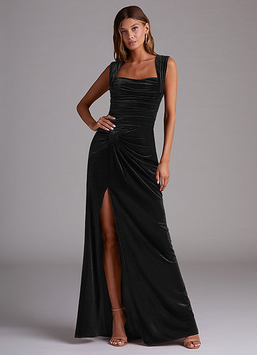 Azazie Genesis Bridesmaid Dresses Black Sheath Pleated Velvet Dress image1