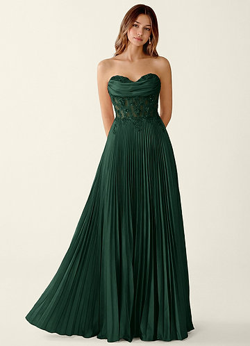 Clementine Donkergroen Satijnen A-lijn galajurk met vetersluiting op de rug image1