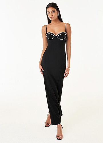 Black Strapless Dress - Rhinestone Dress - Satin Maxi Slip Dress