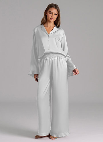 front Matching Color Ruffled Satin Long Sleeve Pajama Set